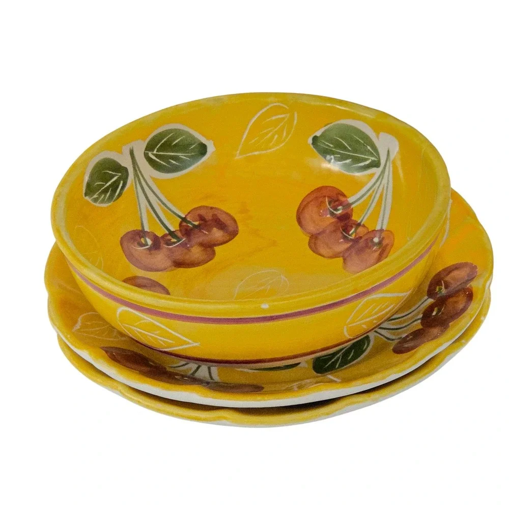 Pottery Barn Yellow Cherry Ceramic Set 1 Bowl 2 Scalloped Plates Made in Mexico